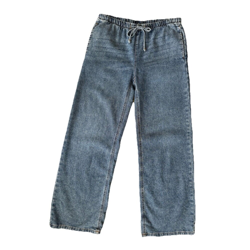 Vanilla Star Wide Leg Jeans Women's XS Elastic Waist Drawstring Pull On Med Wash